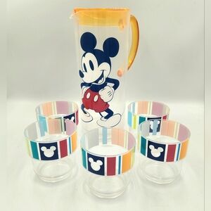 Disney Mickey Mouse Pitcher 5 Cup Picnic Set Clear Plastic Primary Color Taiwan